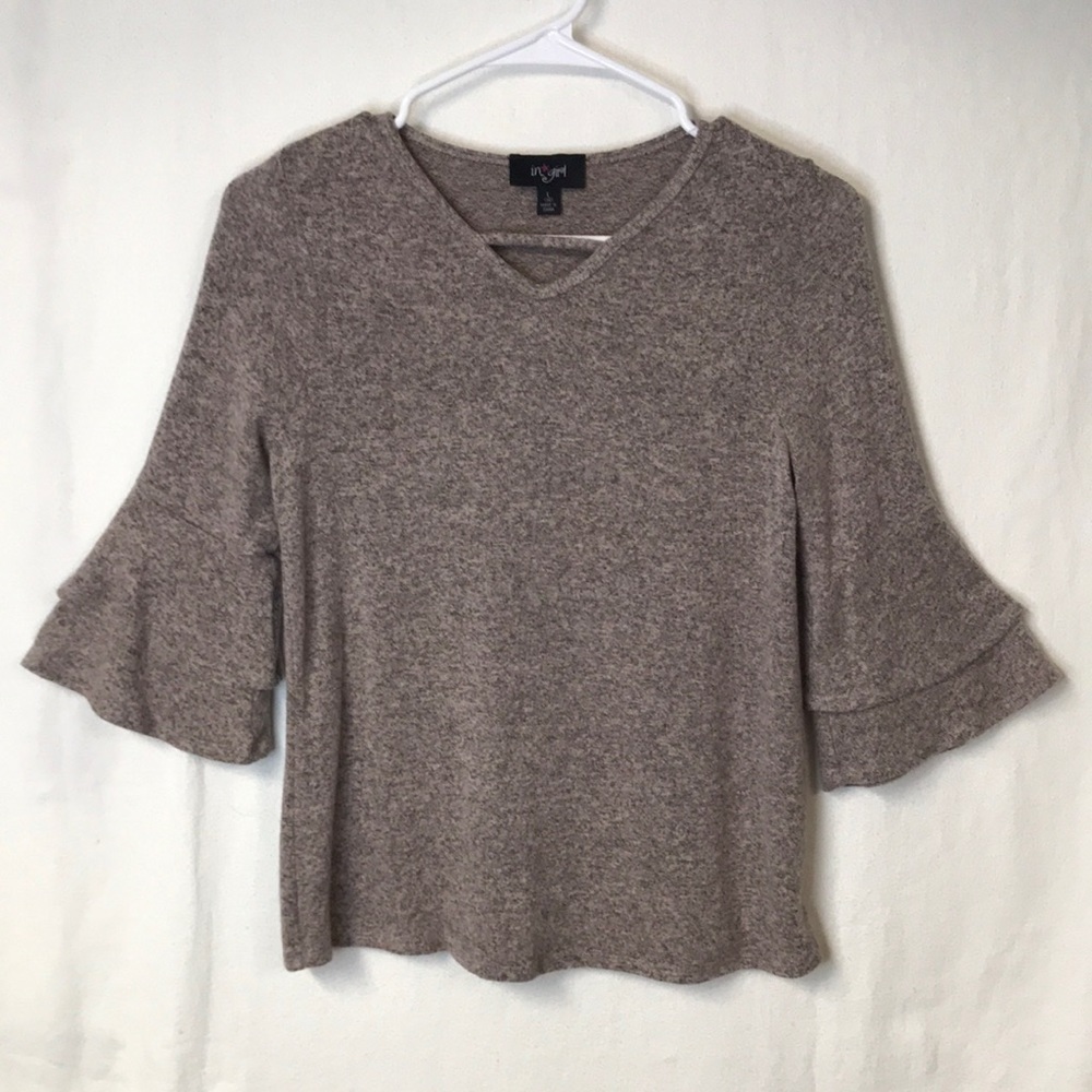 I.n. Girl Girl’s Sweater Size 14 Rose Gray V Neck Tiered 3/4 Sleeve Super Soft